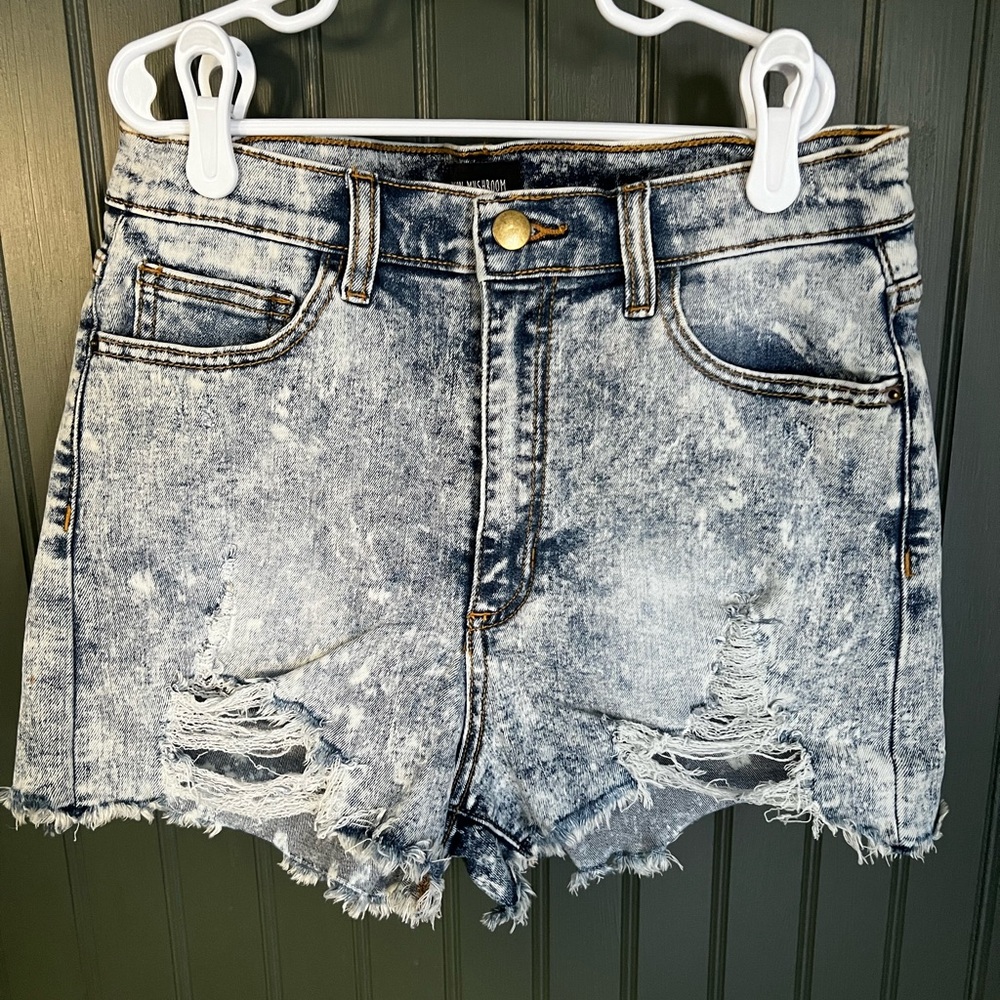 Blue Distressed Jean Shorts with Frayed Hem